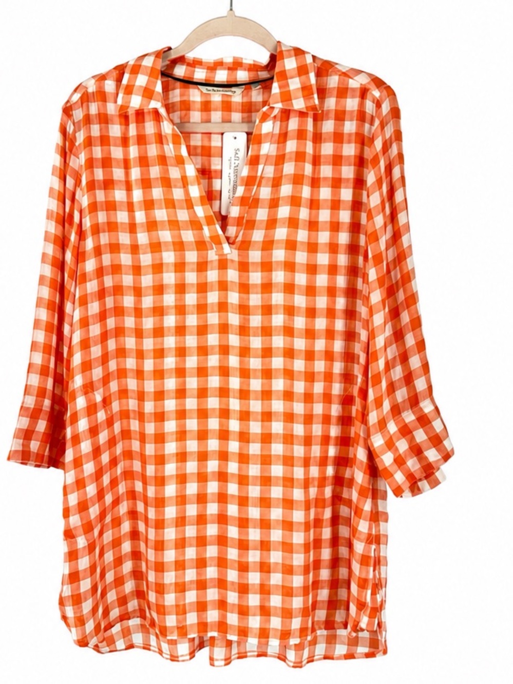 Soft Surroundings Al Fresco Tunic NWT Orange Gingham Rayon Pockets Blouse Large